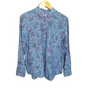 J. Jill Womens Chambray Button Down Floral Long Sleeve Top Size Small